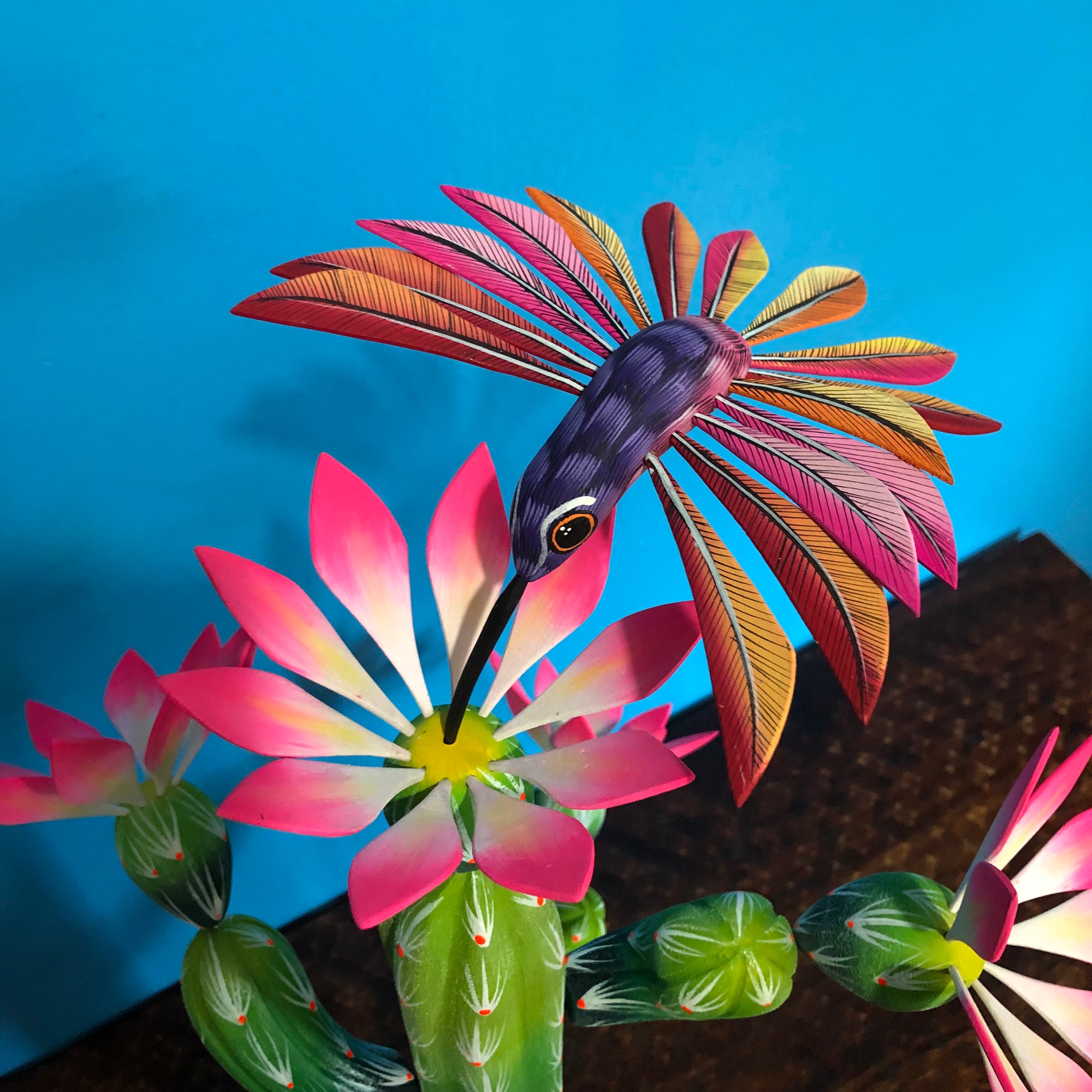 Handcrafted Alebrije Pink Flowering Cactus with Hummingbird Woodcarving