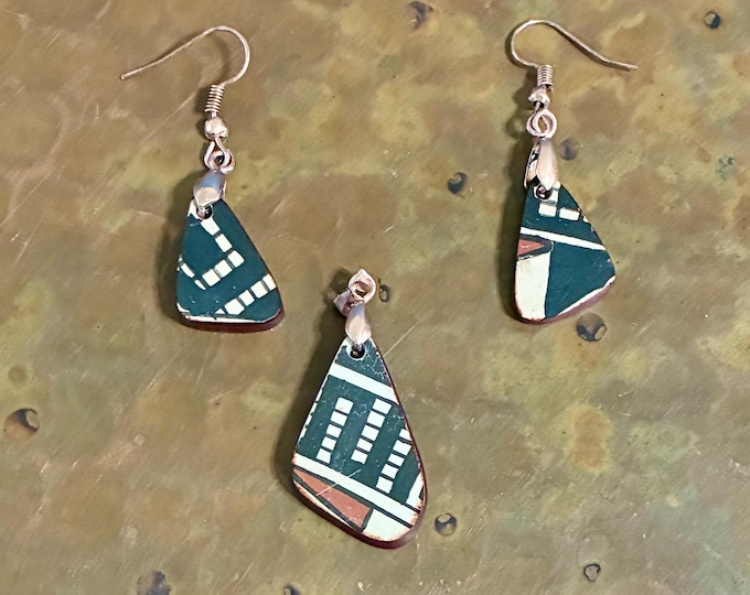 Pendant and Earrings - Mata Ortiz pottery shards set in 100% pure copper by Savador Barrera