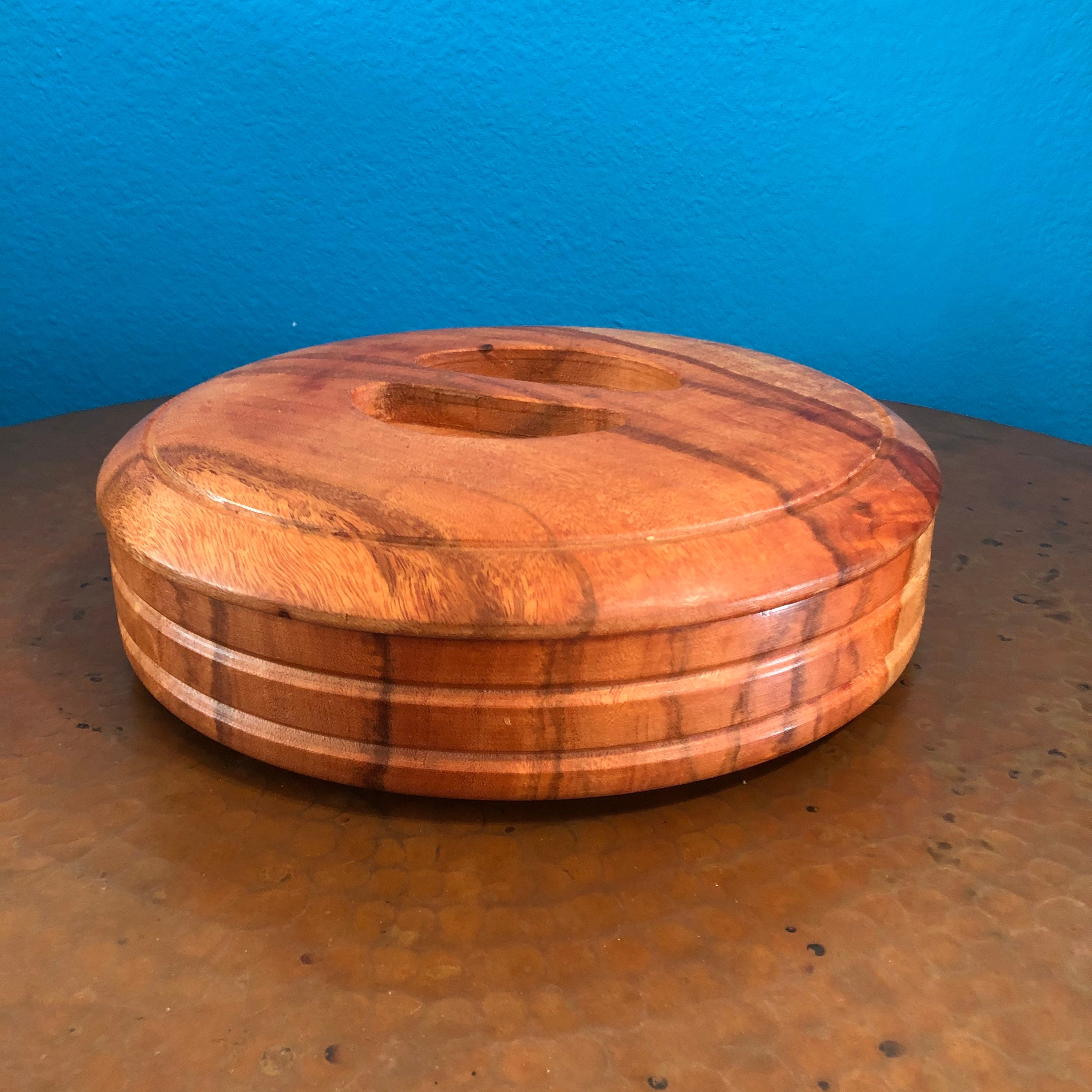 Hand carved wood large tortilla warmer / serving bowl with lid made of