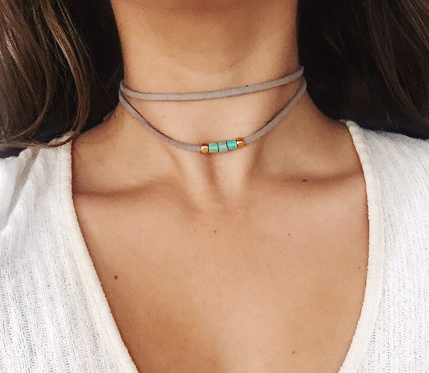 aqua & gold double wrap choker necklace light grey suede Etsy