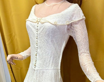 1940s drop waist lace long sleeve wedding gown