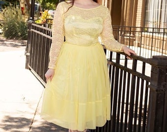 Vintage Yellow Lace and Chiffon Dress