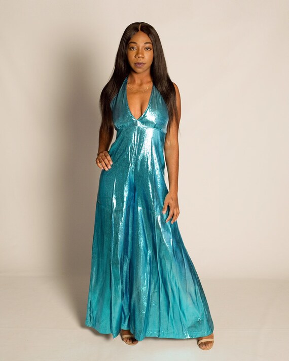 Metallic blue halter jumpsuit
