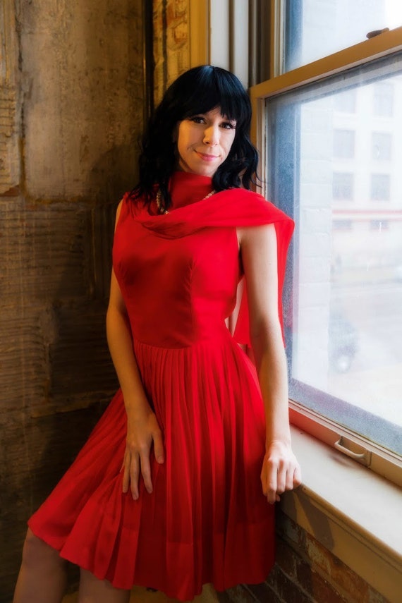 1950s red chiffon scarf dress