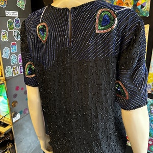 1980s Night Vogue Black Sequin Top With Peacock Motif image 9