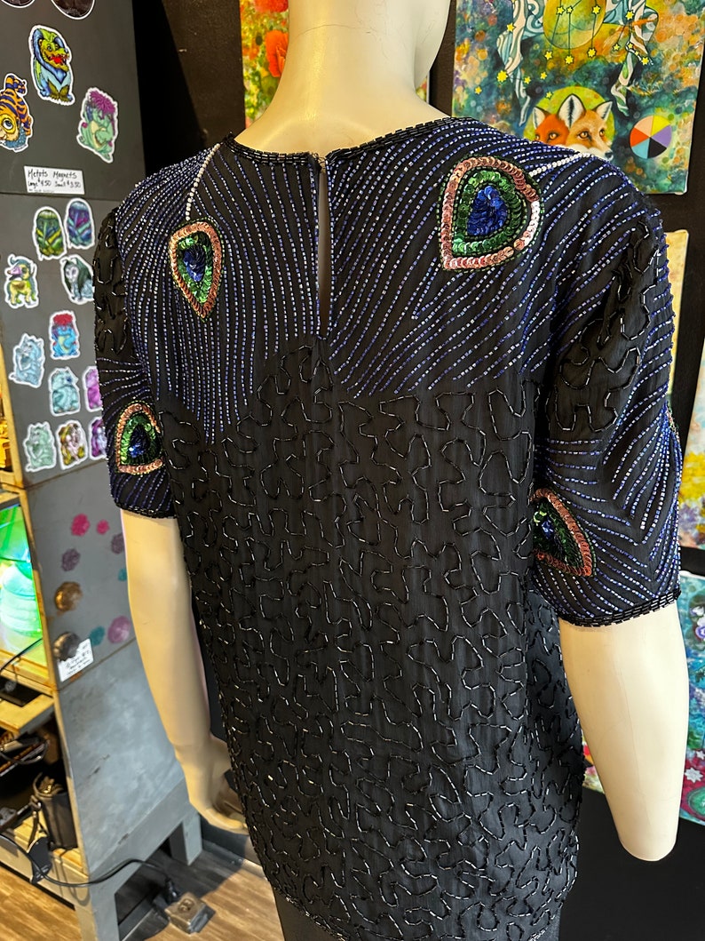 1980s Night Vogue Black Sequin Top With Peacock Motif image 9