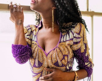 Purple and gold silk beaded formal gown