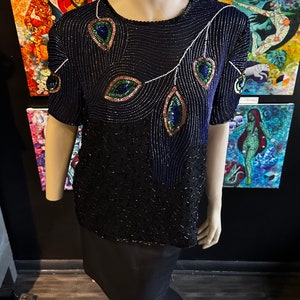 1980s Night Vogue Black Sequin Top With Peacock Motif image 6