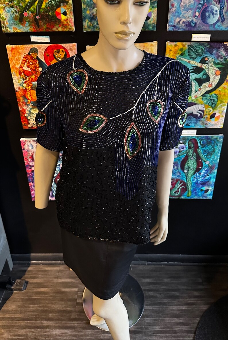 1980s Night Vogue Black Sequin Top With Peacock Motif image 6