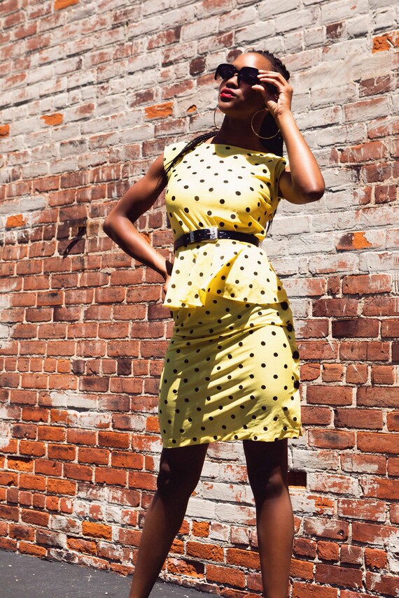 80s yellow polka dot peplum dress