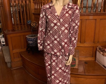 1970s Nelly de Grab silver maroon lurex plaid skirt set