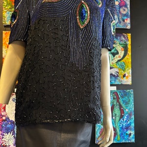 1980s Night Vogue Black Sequin Top With Peacock Motif image 5