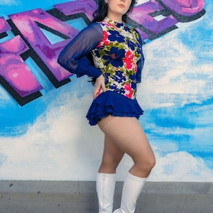 Blue floral 1960s vintage Mod roller skating dress