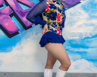 Blue floral 1960s vintage Mod roller skating dress