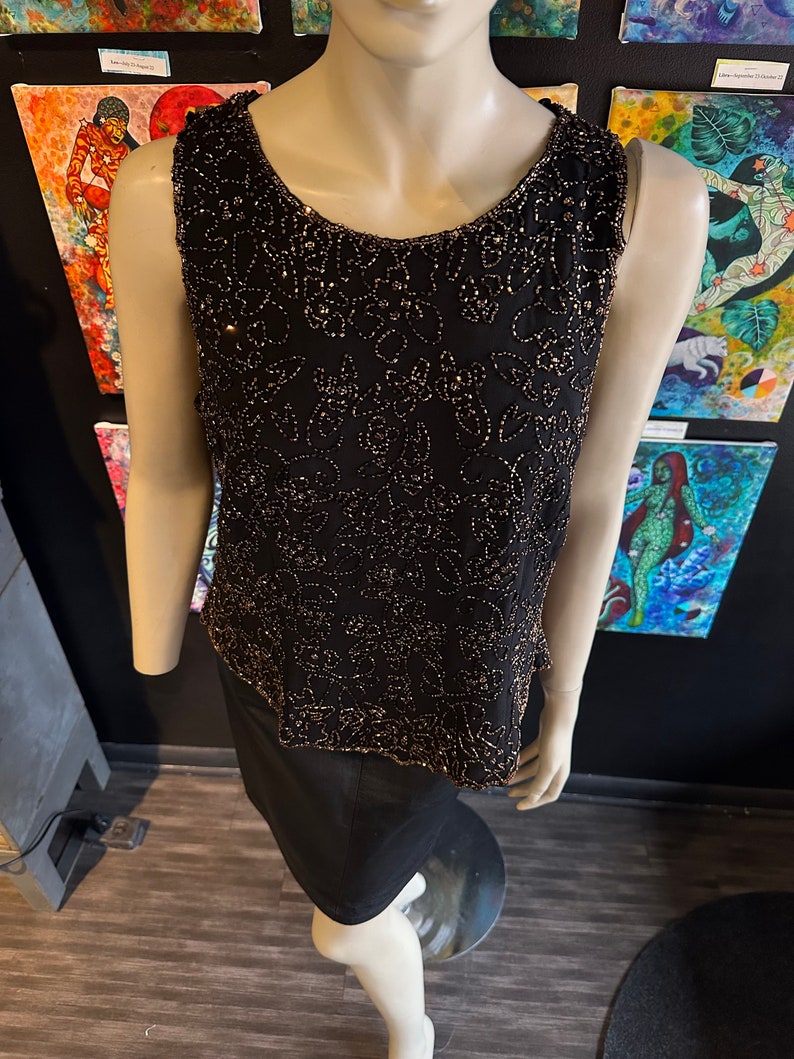 1980s Black and Amber Gold Floral Design Tank Top image 6
