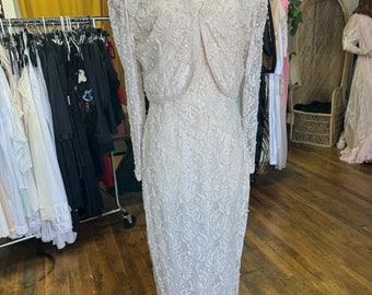 1980s Lawrence Kazar off white beaded gown with jacket