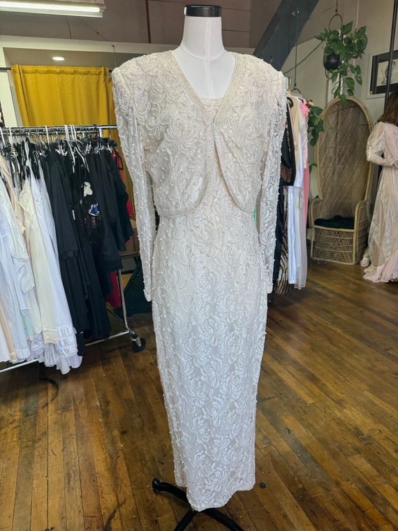 1980s Lawrence Kazar off white beaded gown with j… - image 1