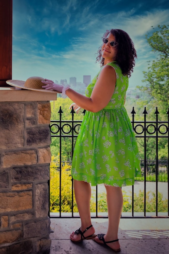 Lime green floral 1950s summer dress - image 9