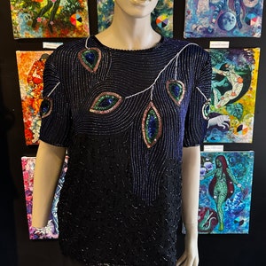 1980s Night Vogue Black Sequin Top With Peacock Motif image 1