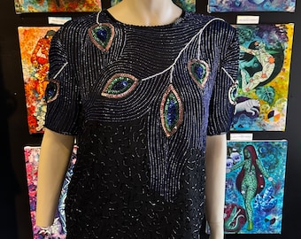 1980s Night Vogue Black Sequin Top With Peacock Motif