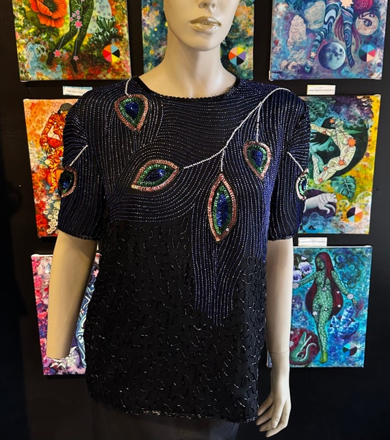 1980s Night Vogue Black Sequin Top With Peacock Mo