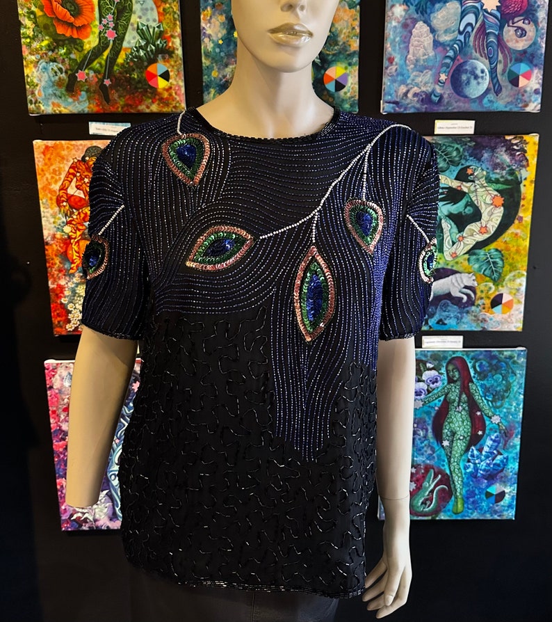 1980s Night Vogue Black Sequin Top With Peacock Motif image 1