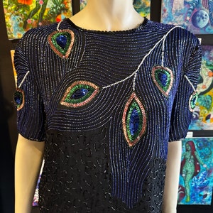 1980s Night Vogue Black Sequin Top With Peacock Motif image 3