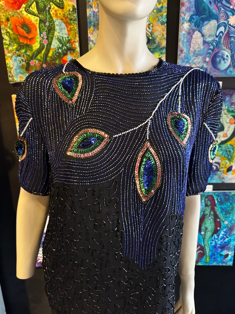 1980s Night Vogue Black Sequin Top With Peacock Motif image 3