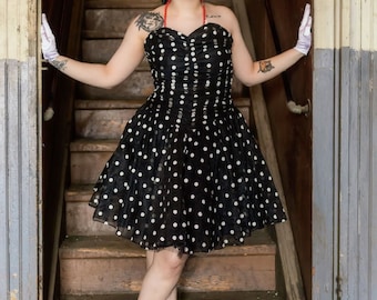 80s does 50s black and white polka dot strapless dress