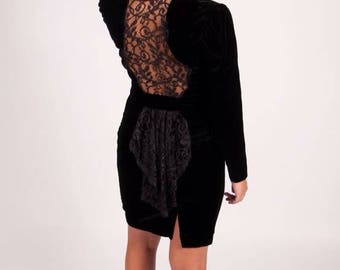 90s Black velvet and lace skirt set