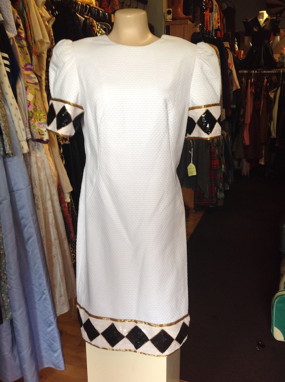 Vintage Julie Duroche white sequin Checkered Dress
