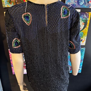 1980s Night Vogue Black Sequin Top With Peacock Motif image 7