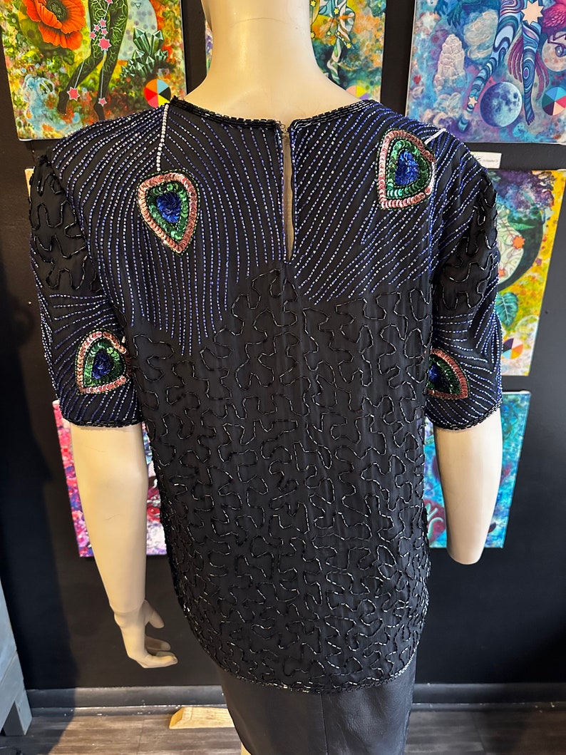 1980s Night Vogue Black Sequin Top With Peacock Motif image 7