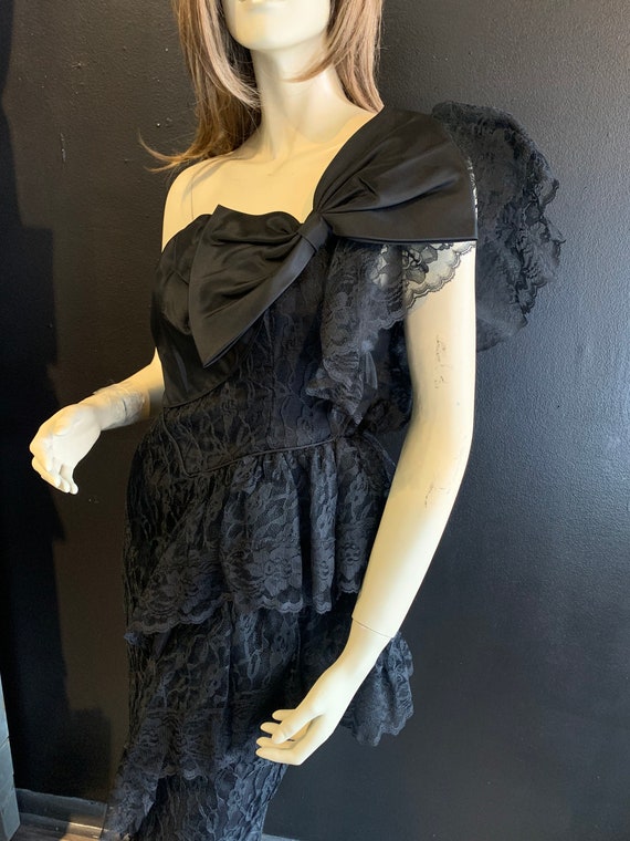 1980s vintage black lace one shoulder  formal gown