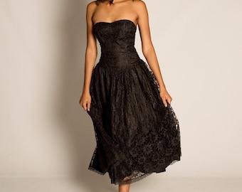 80s black lace strapless dress