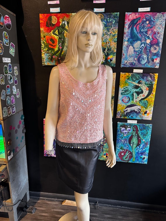 1960s Pink Sequin & Pearl Tank Top - image 1