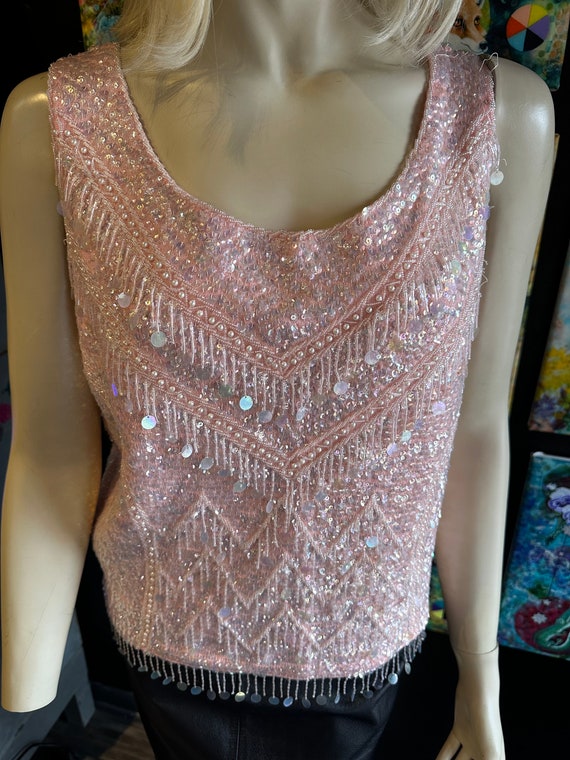 1960s Pink Sequin & Pearl Tank Top - image 2