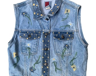 90’s vintage Sun Belt denim floral painted denim vest