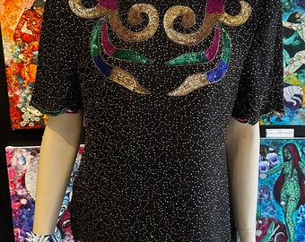 1990s Black Top With Gold Beads and Multicolor Design