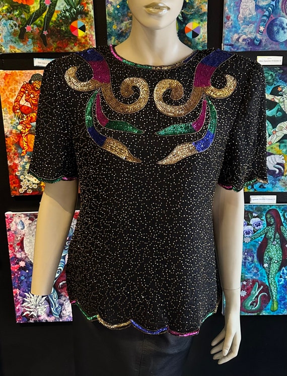 1990s Black Top With Gold Beads and Multicolor Des