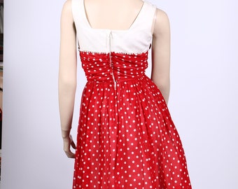 open lace back dress 1950s Dress Red White Swiss Polka Dot Full Skirt XS – Deja Vintage Boutique main image 0