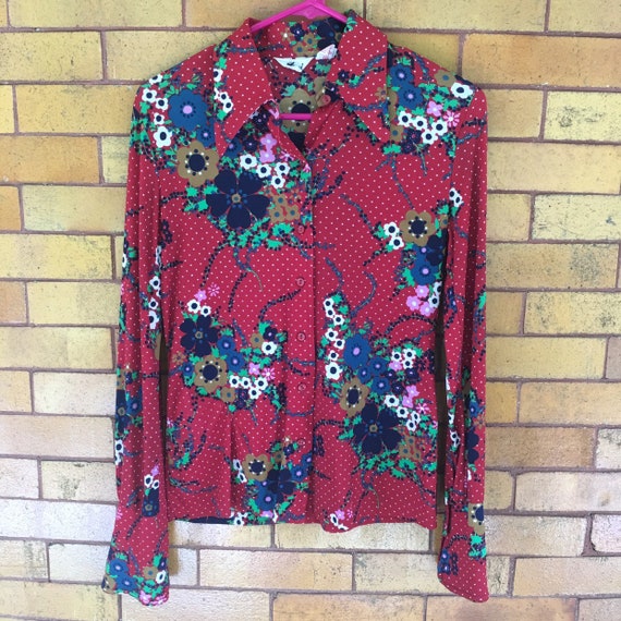 70s floral polka dot button up