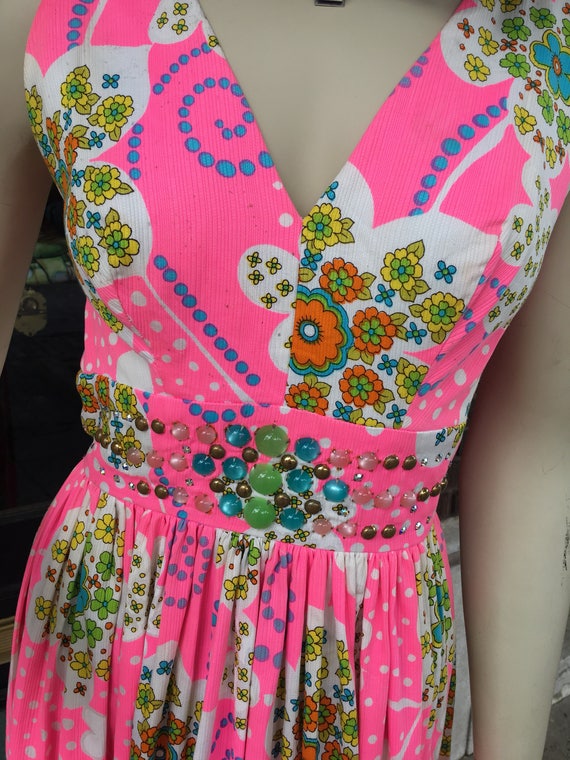 70s pink floral maxi dress