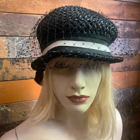 Gene Doris New York Hat – Vintage Black Fascinator straw Hat with net veil Black Straw Hat Gene Doris - Etsy main image 4