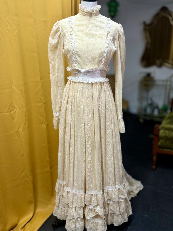 1970s beige floral and lace wedding gown with matc