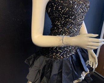 Black and Gold Sequined Dress With Tulle Skirt