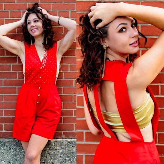 1980's vintage red and gold cachet romper - image 1