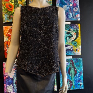 1980s Black and Amber Gold Floral Design Tank Top image 5