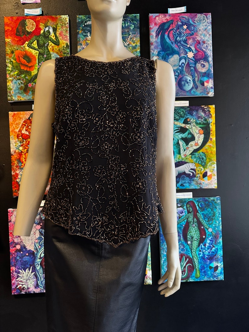 1980s Black and Amber Gold Floral Design Tank Top image 5