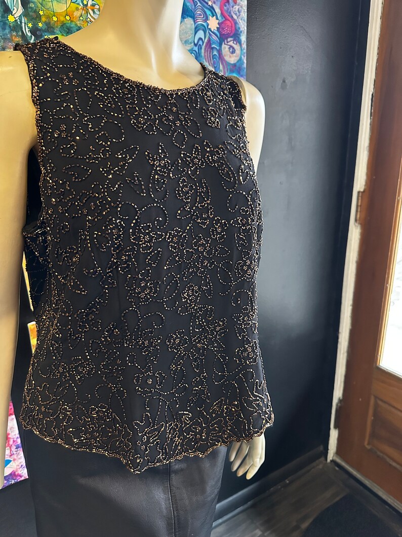 1980s Black and Amber Gold Floral Design Tank Top image 4